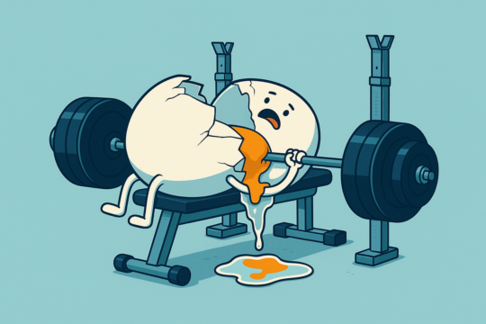 funny gym illustration, cartoon egg workout, bench press fail art, fitness humor design, cracked egg character, gym meme artwork, cute workout cartoon, weightlifting joke, humorous fitness poster, quirky character design, yolk spill cartoon, ai generated